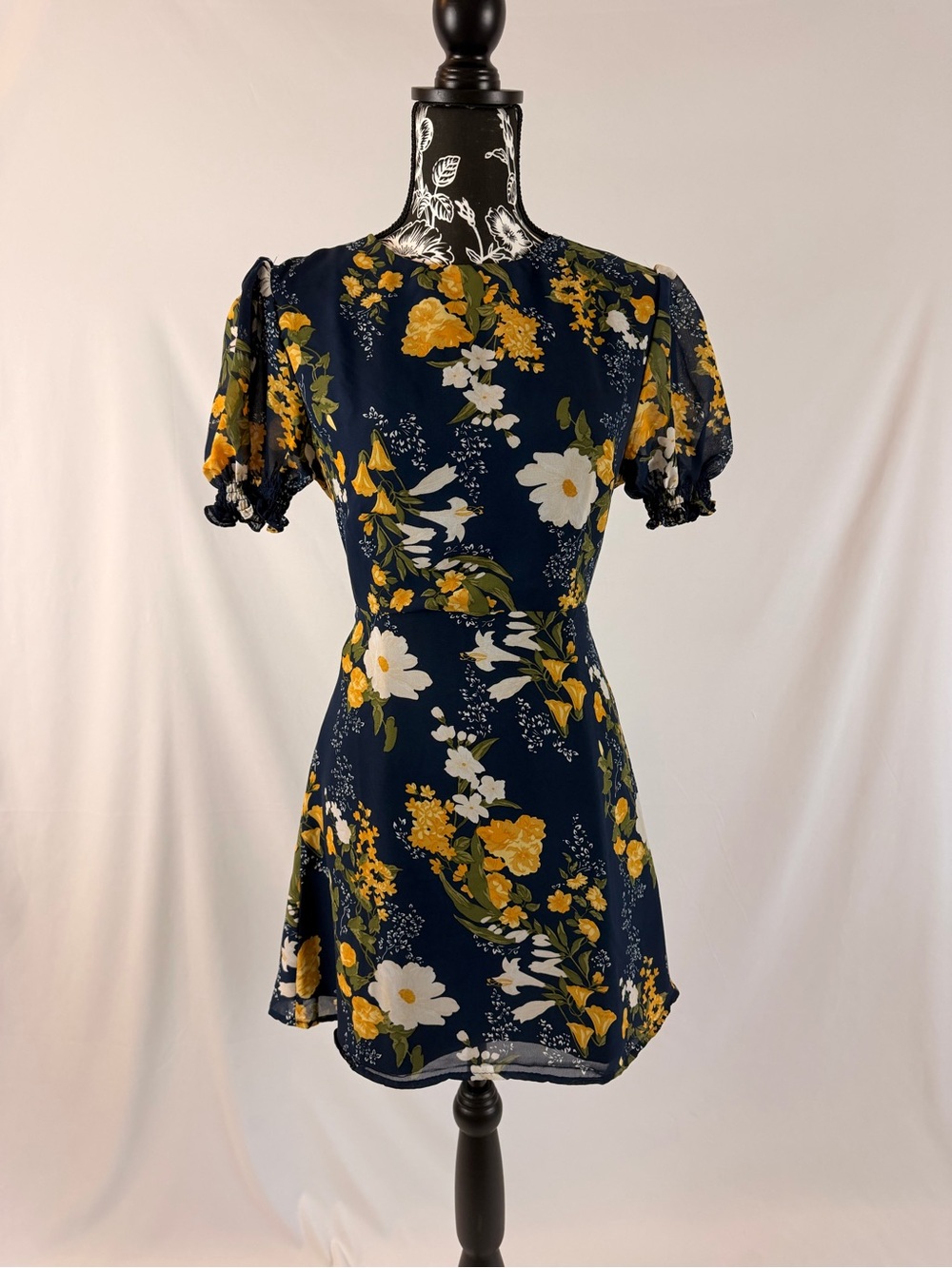 Navy Floral Mini Dress with Yellow & White Blooms